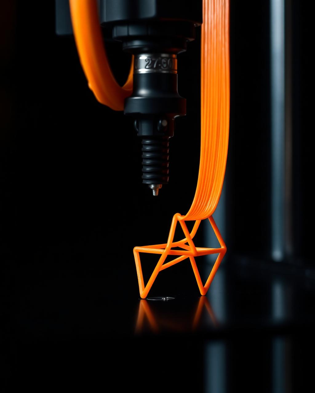 Impressora 3D extrudando filamento laranja formando uma peça geométrica